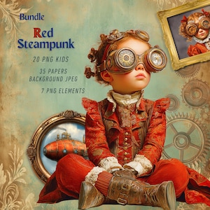 Steampunk viktoriansk barnclipart, viktoriansk röd steampunk 27 PNG transparent, steampunk-element, 35 JPG-bakgrunder, dagbokspapper