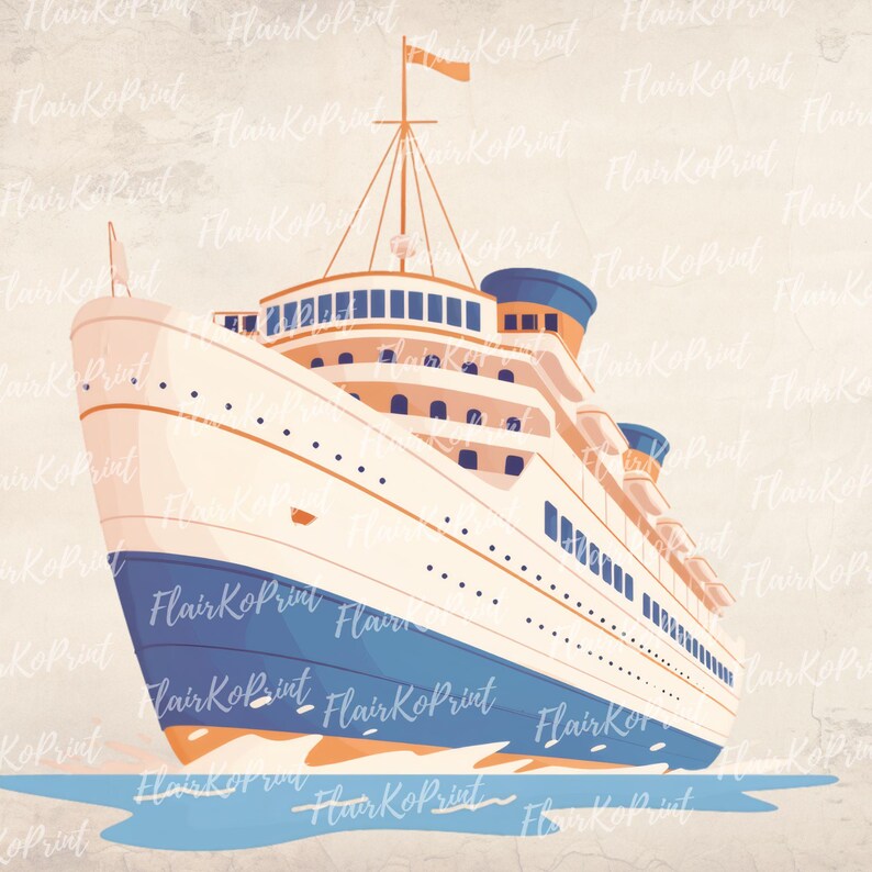 May include: A vintage-style illustration of a cruise ship. The ship is primarily white with blue and orange accents. It has multiple decks, windows, and a tall mast with a small orange flag. The ship is depicted sailing on blue water.