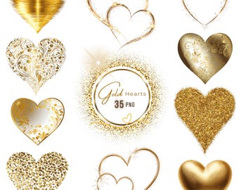 Golden Sparkling Heart Clipart, 35 Transparent PNG, Sparkling Glitter Hearts with Shiny Lines & Gold Sparkles, Valentine’s Day, Paper Craft