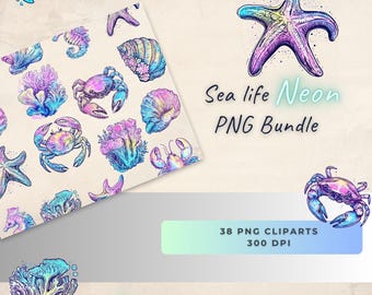 Watercolor Sea life Neon PNG Bundle, Ocean Animal Clipart, Glowing Watercolor Effect, Coral, Seashell Crab Art Clipart,Oceanic Glow Graphics