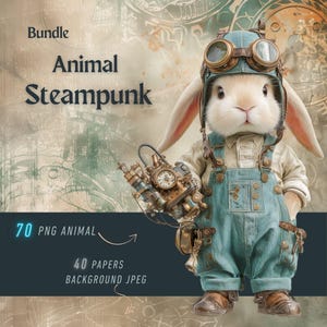 Steampunk Animal Clipart Bundle, 70 PNG Animal, 40 JPEG Backgrounds, Quirky Outfits, Highly Detailed, Commercial Use, Creative Steampunk Set