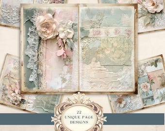 Shabby Chic Junk with Lace Journal Pages, Vintage Style, Pastel Floral Ephemera, Lined & Unlined Vintage Digital Paper, Printable Scrapbook