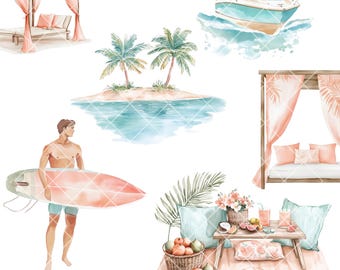 Paquete de imágenes prediseñadas de verano en acuarela, 90 elementos de playa en formato PNG en tonos pastel, imágenes prediseñadas de vacaciones tropicales, scrapbooking y diseño, 300 ppp, uso comercial.