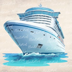 May include: Illustration of a large white cruise ship with blue accents sailing on blue water. The ship has multiple decks, windows, and a bridge. The image has a vintage style with a light tan background.