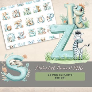Alfabeto de acuarela, letras de animales de dibujos animados, alfabeto estilo kawaii, ilustración de letras en inglés, tarjetas didácticas escolares digitales