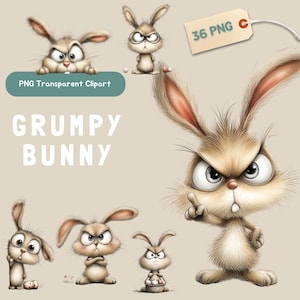 May include: A collection of cartoon illustrations of grumpy bunnies in various poses. The bunnies are primarily beige with pink ears and angry expressions. The text "GRUMPY BUNNY" is displayed in large white letters. A tag reads "36 PNG".