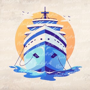 May include: A digital illustration of a cruise ship in shades of blue and white, set against a yellow sun. The ship is depicted from the front, with waves at the bottom and birds in the sky. The text "FlairKoPrint" is repeated throughout the image.