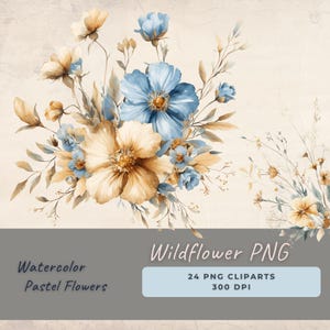 Clipart aquarelle de fleurs sauvages, bouquets et éléments floraux 24PNG, tons doux bleu beige, journal indésirable, mariage, cartes de remerciement, cadeau de grand-mère