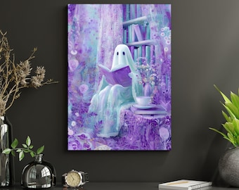 Ghost Reading Print, Cozy Halloween Wall Art, Book Lover Decor, Moody Library Poster, Cute Spooky Aesthetic, Fall Printable Art