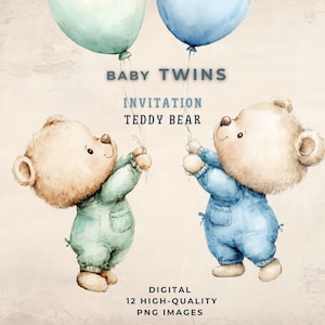 Invito per gemelli, orsacchiotto, clipart, cornice per baby shower, compleanno, bordo regalo con palloncino acquerellato, diario spazzatura, scheda PNG da scaricare digitalmente