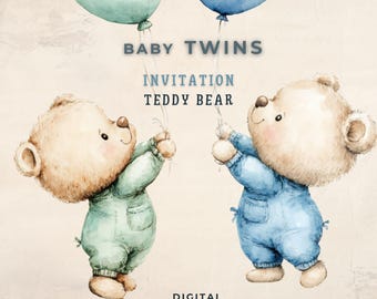 Baby Twins Invitation Teddy Bear Clipart, Frame Baby Shower Birthday, Watercolor Balloon Gift Border Junk Journal PNG Card Digital Download