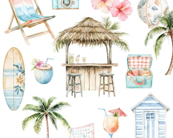 Watercolor Summer Clipart Bundle, 90 PNG Beach Elements in Pastel, Tropical Holiday Clip Art, Scrapbooking & Design, 300 DPI, Commercial Use