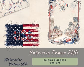 Patriotic Frame PNG, Watercolor Red White Blue Border, Vintage USA Clipart for Junk Journal, Cards, Scrapbooking | 4th of July Download
