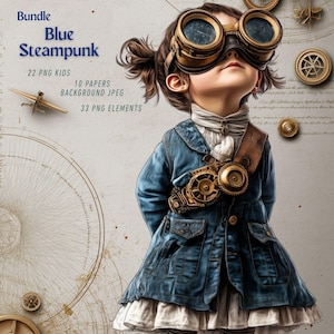 Steampunk barn clipart och dagbokspapper, viktoriansk blå steampunk barn clipart 22 PNG, steampunk element, 10 dagbokspapper, kommersiellt bruk