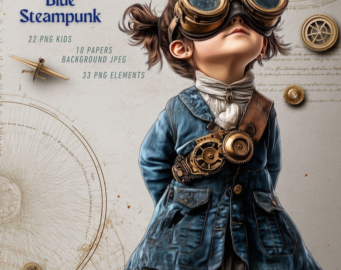 Steampunk Kids Clipart & Journal Papers, Victorian Blue Steampunk Kids Clipart 22 PNG, Steampunk Elements, 10 Journal Papers, Commercial Use