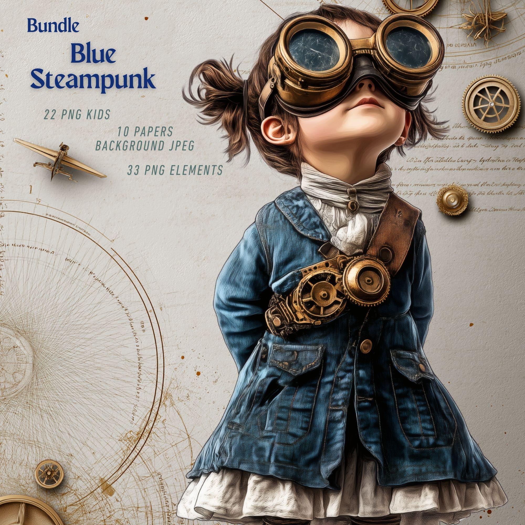 Steampunk Kids Clipart & Journal Papers, Victorian Blue Steampunk Kids Clipart 22 PNG, Steampunk Elements, 10 Journal Papers, Commercial Use