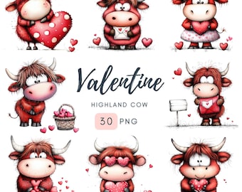 Clipart di mucca delle Highlands di San Valentino, Clipart di mucca dell'amore con cuori, 30 PNG con sfondo trasparente, Grafica d'amore di mucca delle Highlands, PNG eccentrici, Uso commerciale