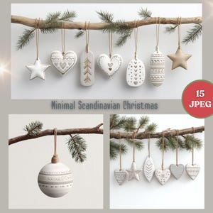 Peut inclure: Ornements de Noël minimalistes suspendus à une branche. Les décorations blanches présentent des motifs discrets. L'image comprend des étoiles, des cœurs et des formes ovales. Le texte "Minimal Scandinavian Christmas" est visible.