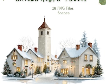 Christmas Town Scenes, Watercolor Winter Town Illustrations, 30 PNG Transparent, Festive Town Neighborhood, Christmas Village