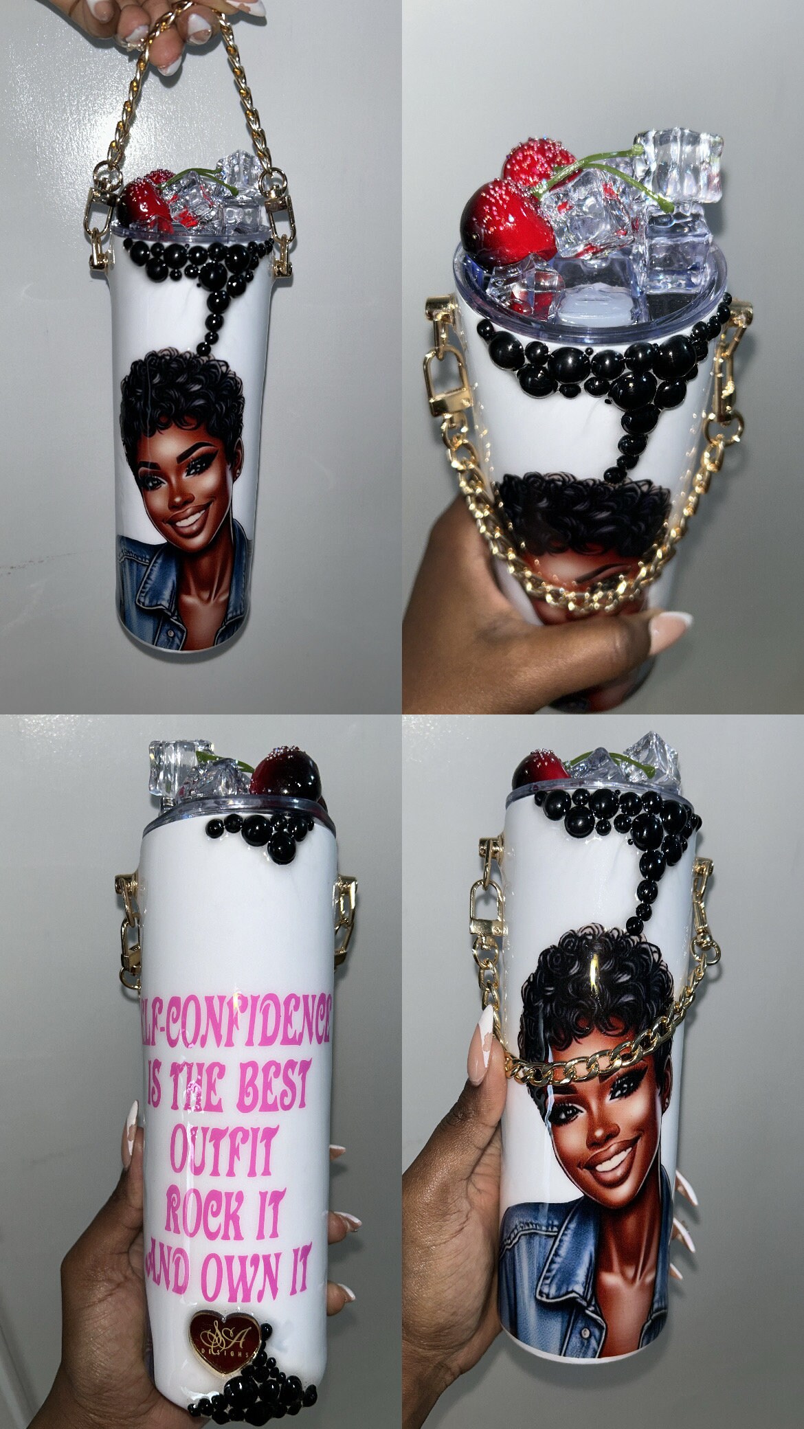 Customisable Chain Melanin Handbag Tumbler, Personalised Black Woman Melanin Themed Afrocentric Tumbler Gift for Her