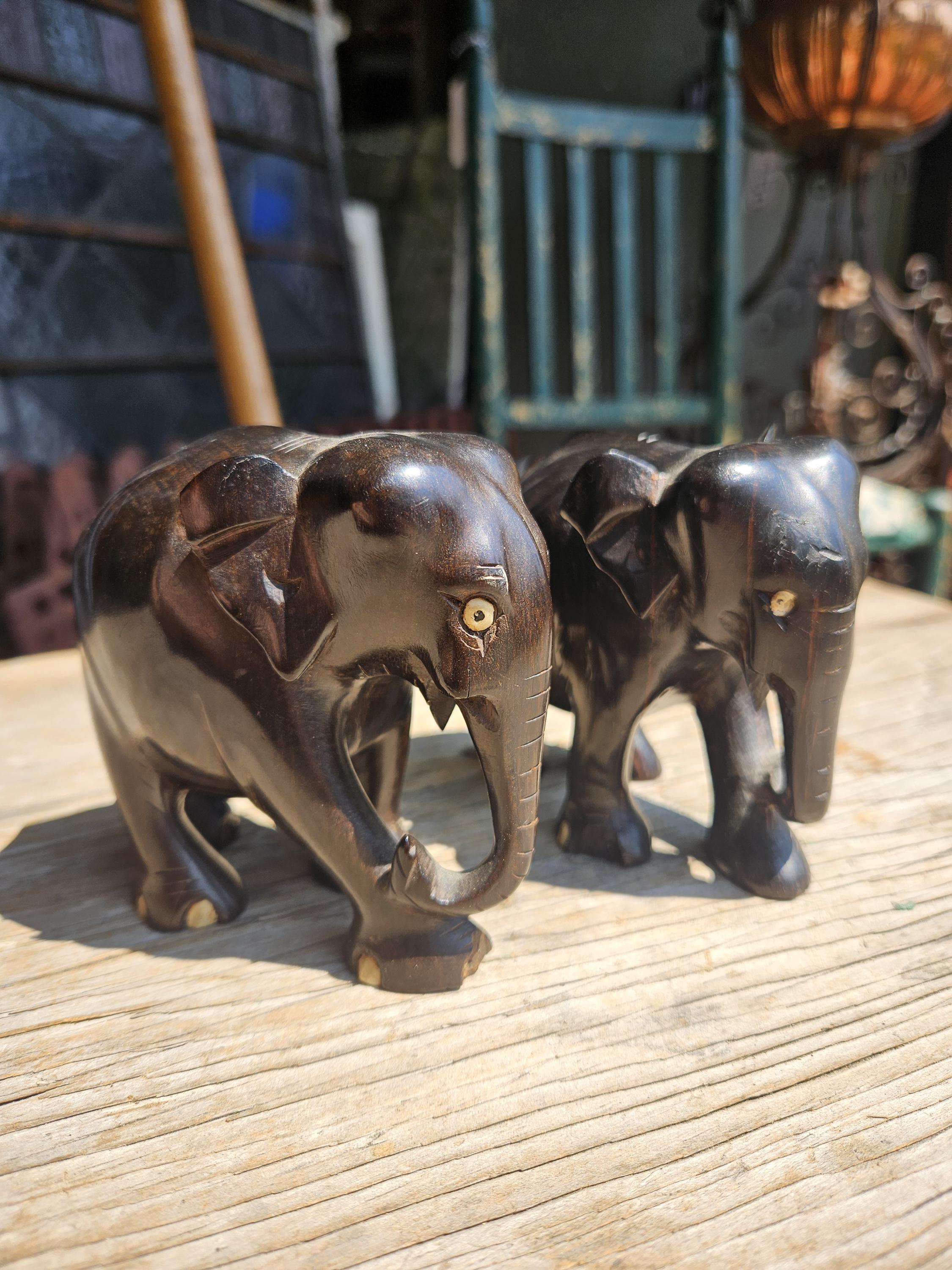 Pair of Hand Carved Wood African Elephants