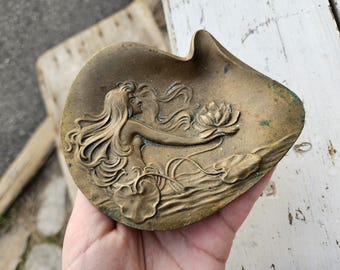 Vintage Art Nouveau Cast Brass Vanity Desk Tray Female Face