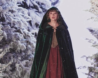 FULL CIRCLE emerald green velvet cloak - xlarge hood lined with velvet - Custom Length