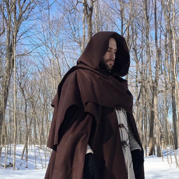 Brown WOOL cloak with cape-scarf - custom length