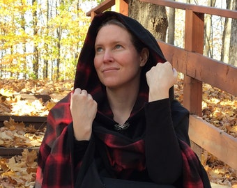 Black WOOL cloak with plaid lining - Accessible hands - custom length