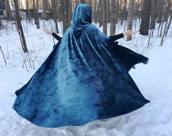 FULL CIRCLE Peacock petroleum blue crushed velvet cloak - Custom Length