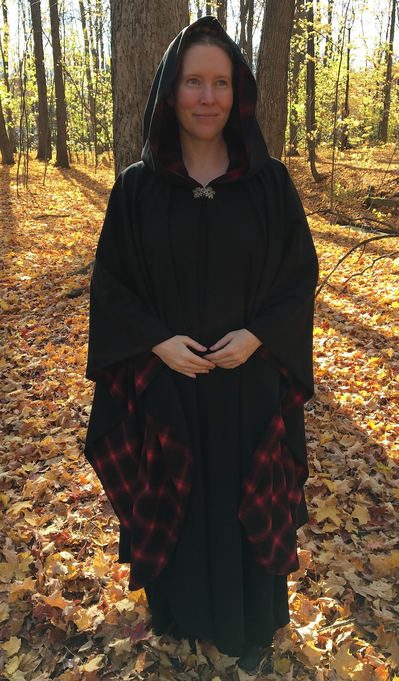 Black WOOL cloak with plaid lining Accessible hands custom length image 5