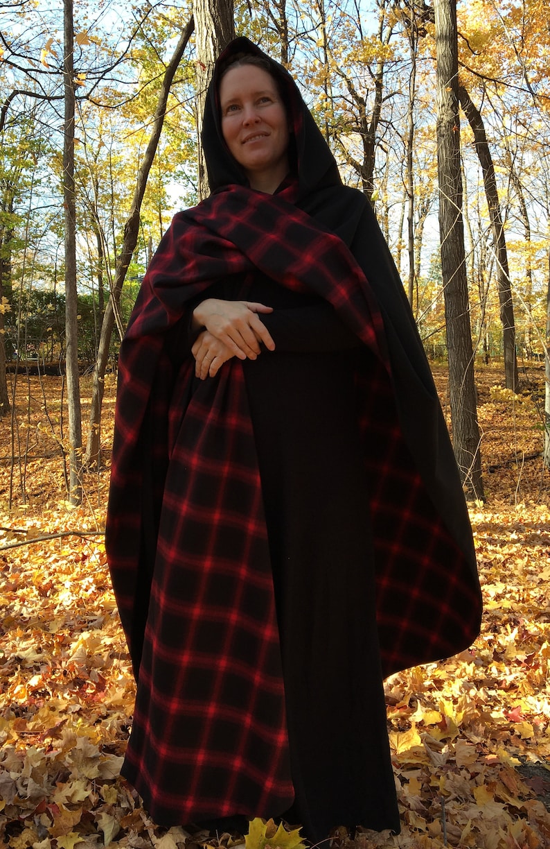 Black WOOL cloak with plaid lining Accessible hands custom length image 2