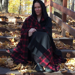 Black WOOL cloak with plaid lining Accessible hands custom length image 9