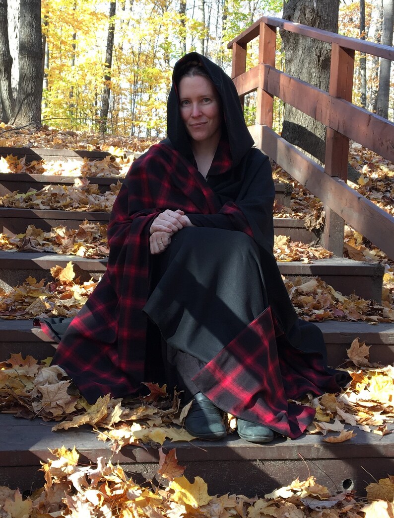 Black WOOL cloak with plaid lining Accessible hands custom length image 9