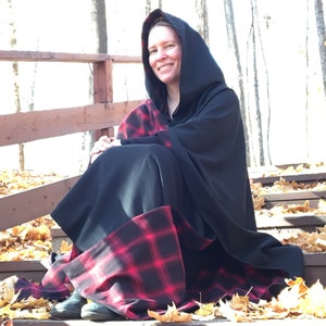 Black WOOL cloak with plaid lining Accessible hands custom length image 10