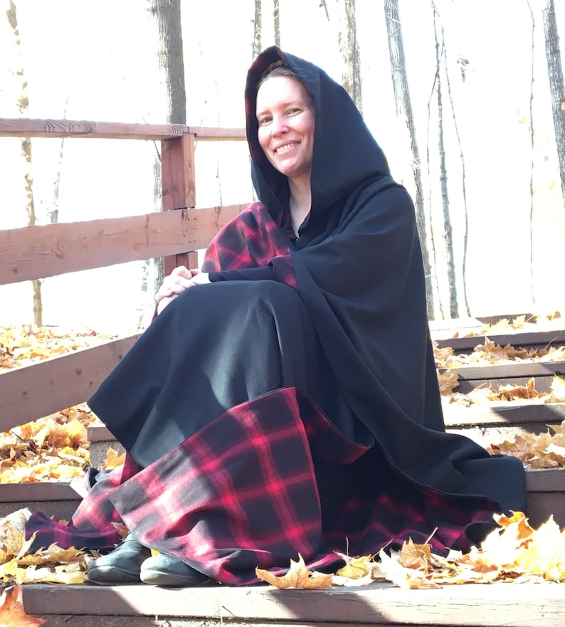 Black WOOL cloak with plaid lining Accessible hands custom length image 10