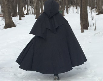 Grey WOOL cloak with cape-scarf - custom length