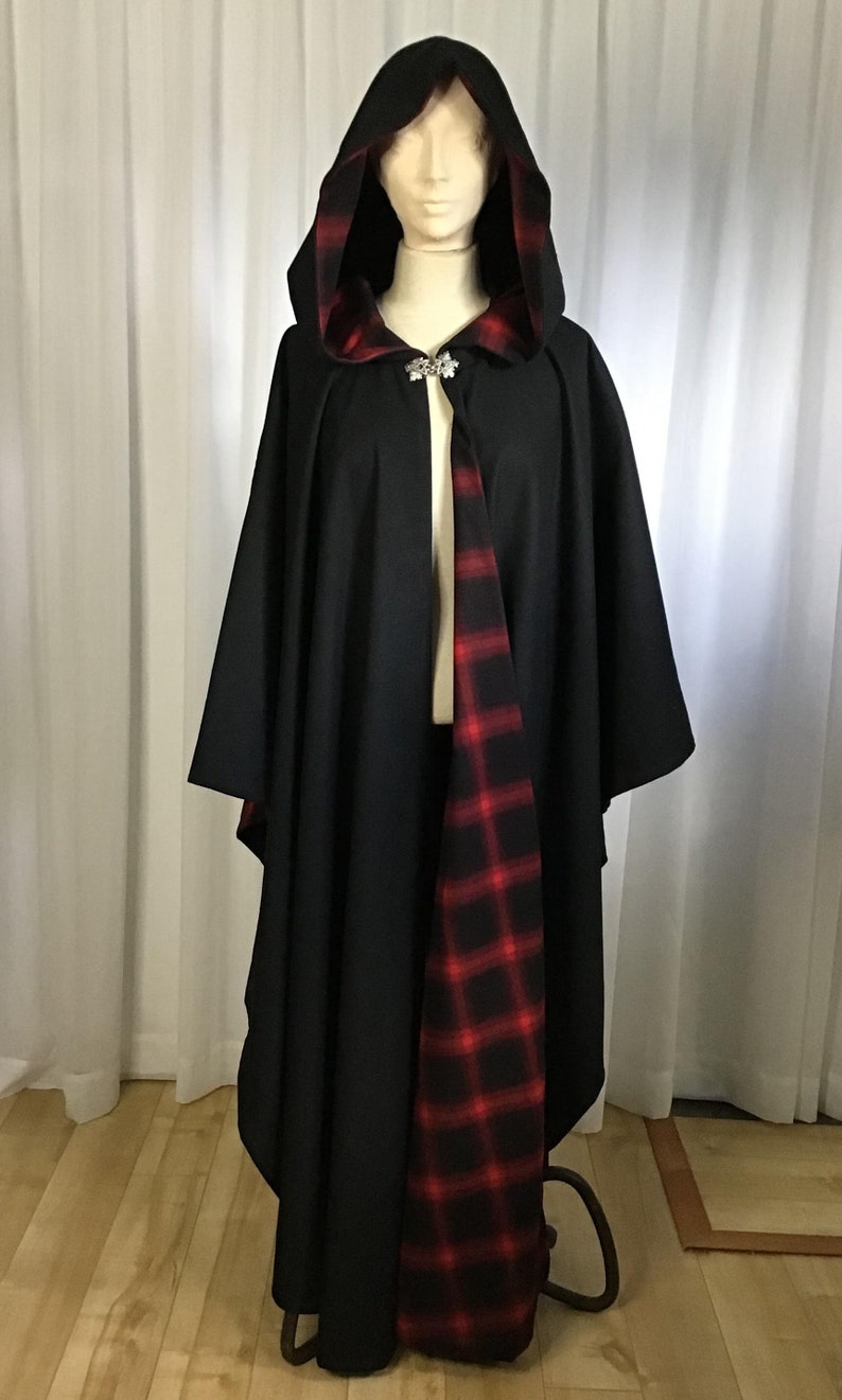 Black WOOL cloak with plaid lining Accessible hands custom length image 8