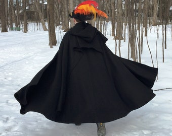 Black WOOL cloak with cape-scarf - custom length