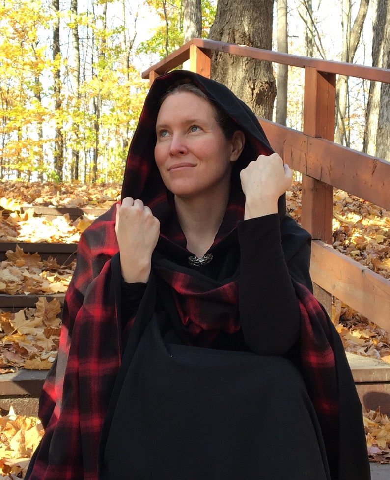 Black WOOL cloak with plaid lining Accessible hands custom length image 1