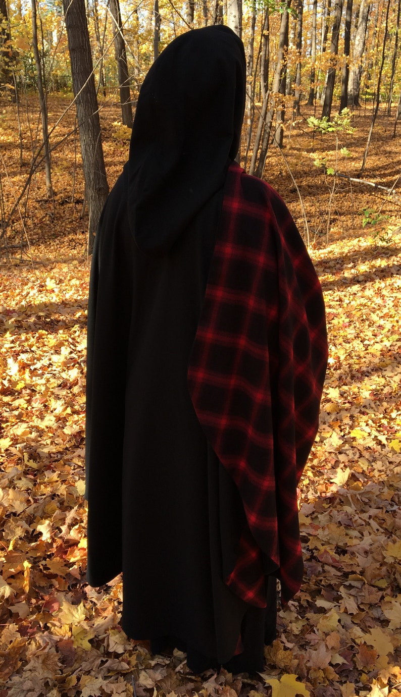 Black WOOL cloak with plaid lining Accessible hands custom length image 6