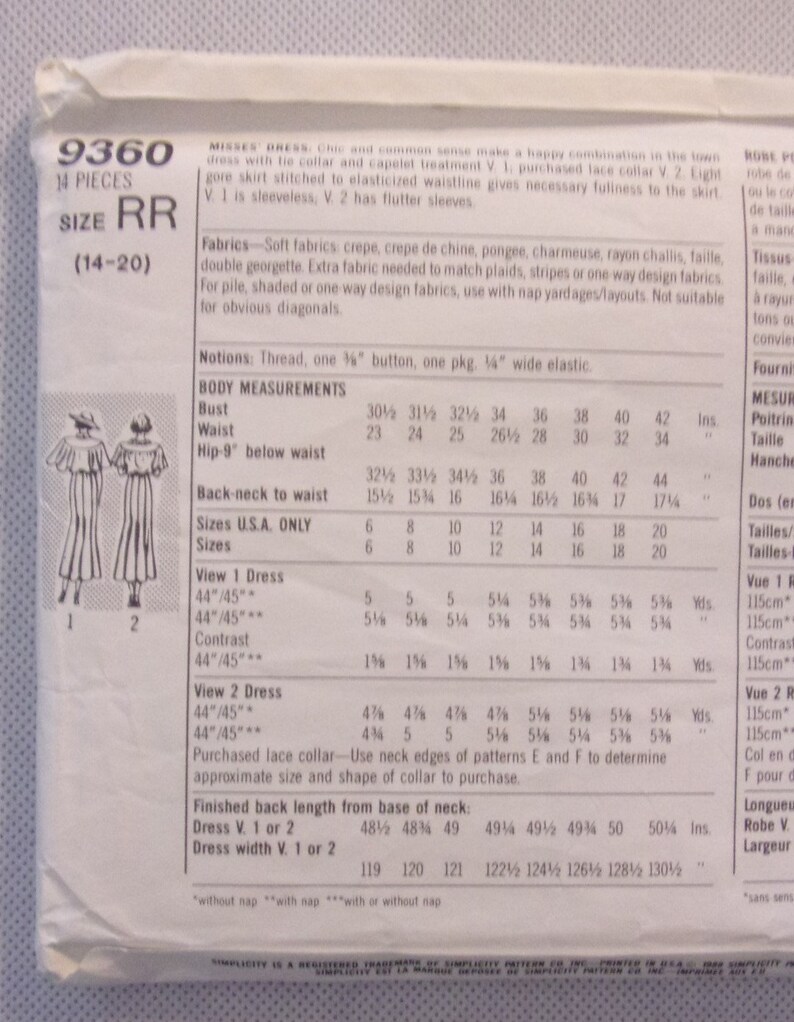 Simplicity Retro Sewing Pattern 9360 Misses Dress Sizes 14-20 Uncut - Etsy
