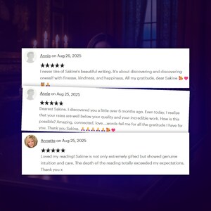 Pu&ograve; includere: Immagine di tre recensioni di clienti per Sakine, ciascuna con una valutazione a cinque stelle. Le recensioni sono su sfondi rettangolari bianchi con uno sfondo viola scuro. Le recensioni lodano la scrittura, la qualit&agrave; e l'intuizione di Sakine.