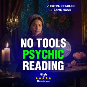 May include: An image advertising psychic readings. The text reads "NO TOOLS PSYCHIC READING" in large white and green letters. The image includes a woman, candles, a globe, and the words "High Reviews" with five gold stars.
