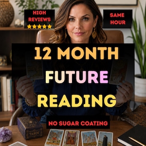 Puede incluir: Un servicio de lectura de cartas del tarot con el texto 12 MONTH FUTURE READING, HIGH REVIEWS, SAME HOUR y NO SUGAR COATING. La imagen muestra una baraja de tarot, una caja etiquetada como TAROT y cuatro cartas extendidas: Ten of Wands, Justice, Nine of Wands y Five of Cups.