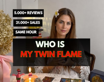 May include: A person with a white flower in their hair sits at a table with tarot cards, a lit candle, and a pink figurine. Text overlays read 5.000+ REVIEWS, 21.000+ SALES, SAME HOUR, and WHO IS MY TWIN FLAME. The scene includes a dried floral arrangement.