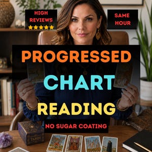 May include: A tarot card reading service featuring the text PROGRESSED CHART READING NO SUGAR COATING HIGH REVIEWS. The image displays a deck of tarot cards, a purple crystal, and four tarot cards laid out on a wooden table for a divination session.
