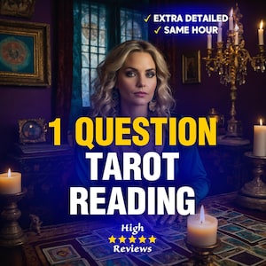 以下が含まれることがあります： タロットリーディングサービスを宣伝する画像。「1 QUESTION TAROT READING」のテキストは黄色で表示されています。画像には女性、ろうそく、タロットカードのデッキが含まれています。「EXTRA DETAILED」と「SAME HOUR」のテキストも表示されています。