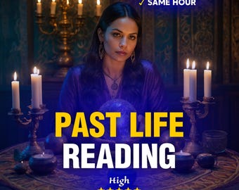 May include: An image promoting a past life reading service. A woman in a purple dress is centered, with candles and a crystal ball. Text reads "PAST LIFE READING" in yellow and white, with "High Reviews" below.