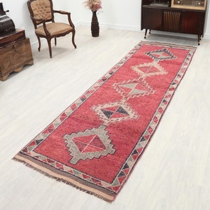 3x11 Turkish Herki Red Rug, 3x11 Vintage Runner, Oushak Runner, Handmade Rug, Corridor Rug, Bohemian Rug, Hallway Runner, Boho Wool Runner